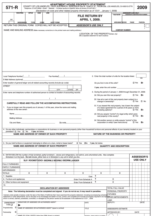 Fillable Form 571R Apartment House Property Statement 2009