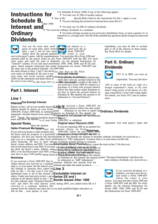 Instructions For Shedule B (Form 1040) Interest And Ordinary