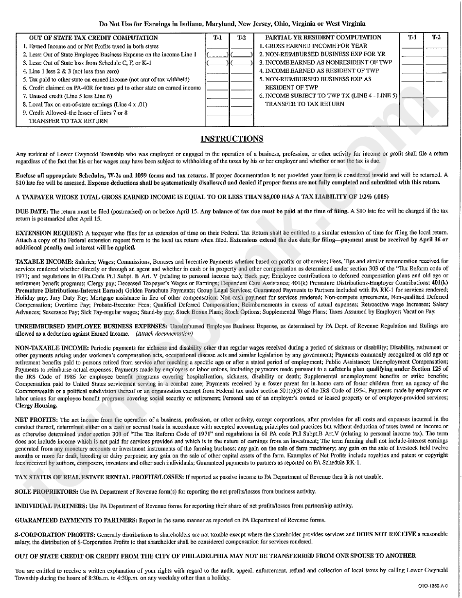 Earned Tax Return Form Lower Gwynedd Township printable pdf