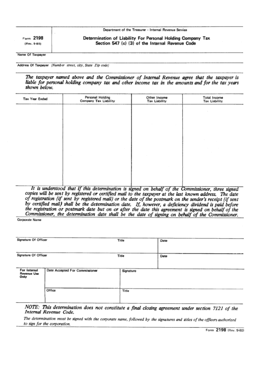 Form 2198 Determination Of Liability For Personal Holding Company Tax