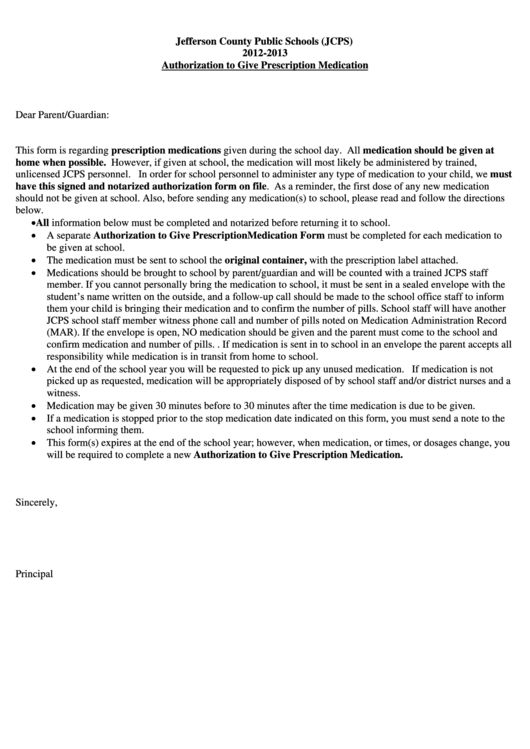 Authorization To Give Prescription Medication Form Jefferson County