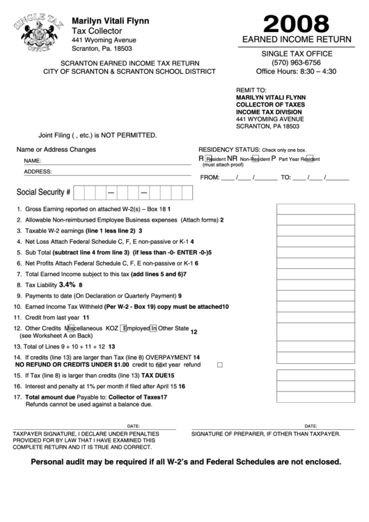 Scranton Earned Tax Return Form Tax Division 2008