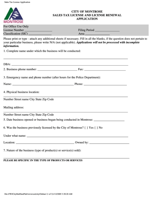 Sales Tax License And License Renewal Application City Of Montrose