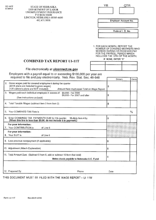 Form Ui11t Combined Tax Report State Of Nebraska printable pdf