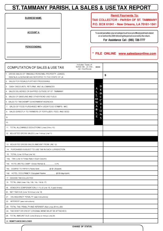 St.tammany Parish, La Sales & Use Tax Report Form State Of Louisiana printable pdf download