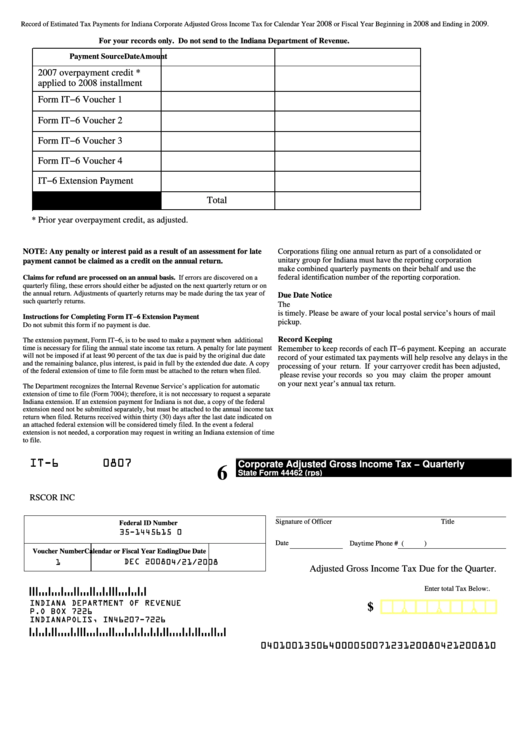 State Form 44462 (Rps) Corporate Adjusted Gross Tax Quarterly