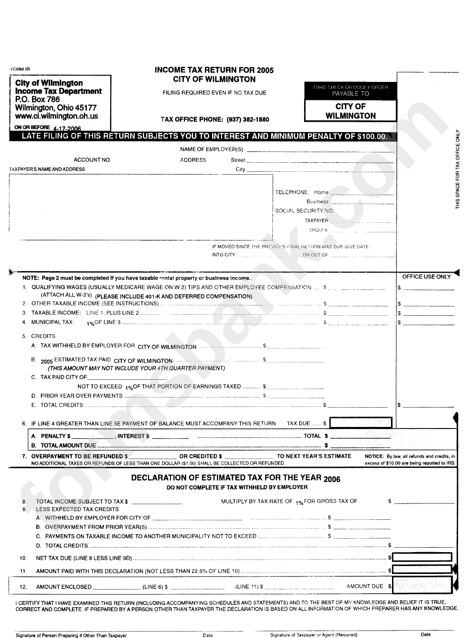 Form Ir Tax Return For 2005 City Of Wilmington printable pdf