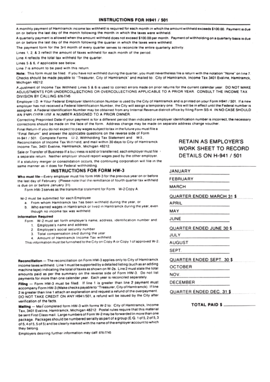 Instructions For H941 / 501 City Of Hamtramck printable pdf download