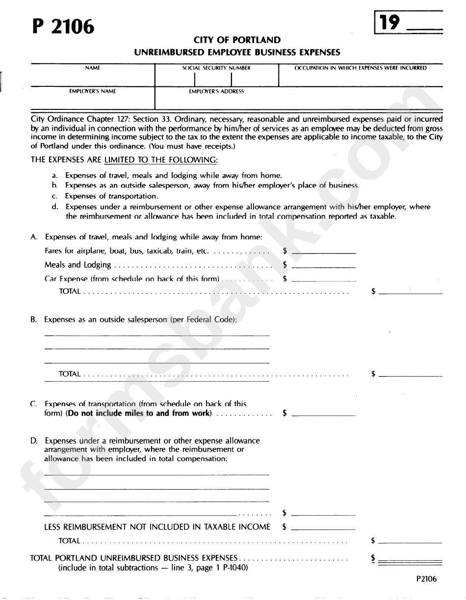 Form P2106 Unreimbursed Employee Business Expenses printable pdf download