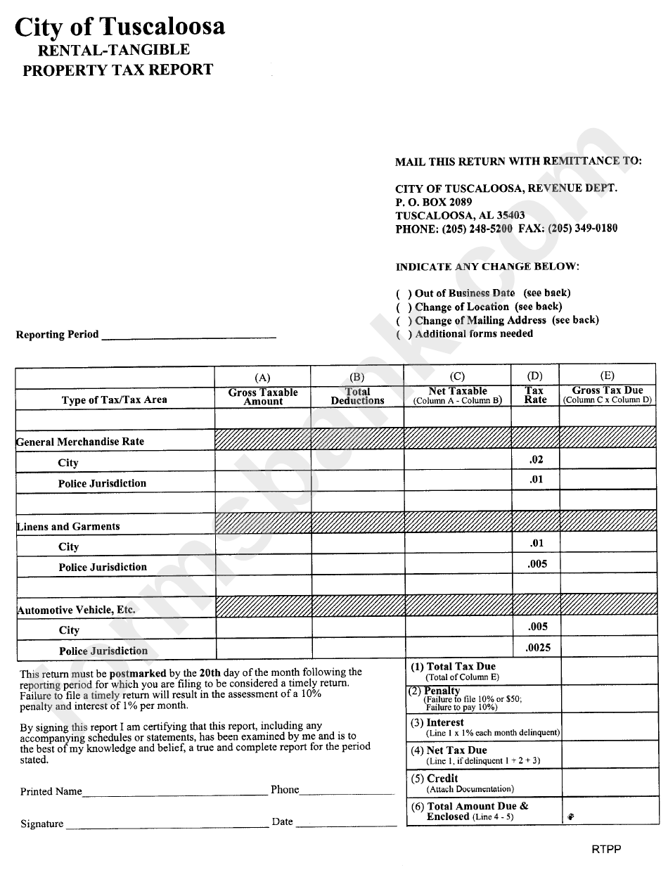 City Of Tuscaloosa RentalTangible Property Tax Report printable pdf