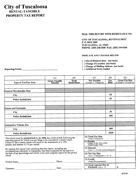 City Of Tuscaloosa RentalTangible Property Tax Report printable pdf