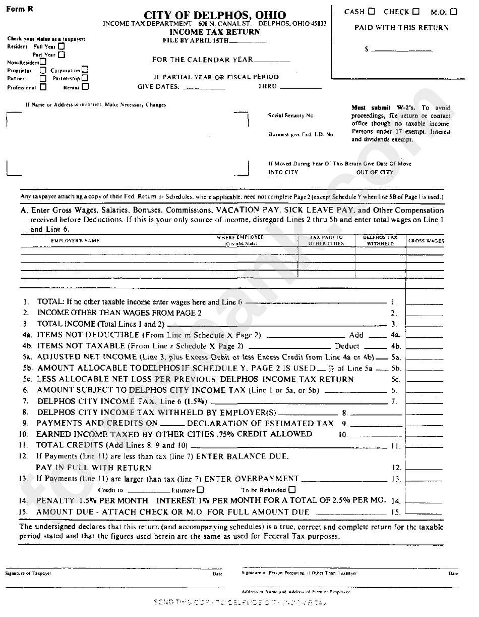 Form R Tax Return City Of Delphos printable pdf download