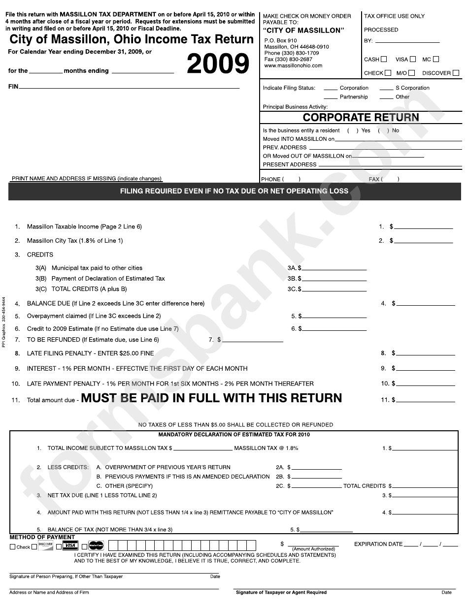City Of Massillon, Ohio Tax Return Form 2009 printable pdf download