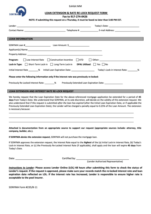 Fillable Loan Extension And ReLock Request Form printable pdf download