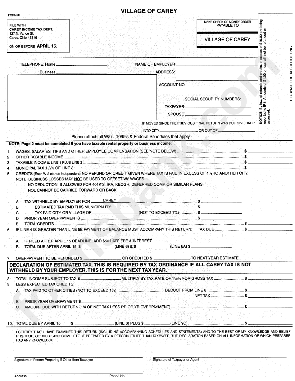 Form Ir Carey Tax Department printable pdf download