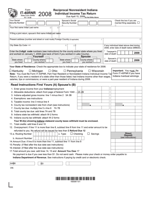 Form It40rnr Reciprocal Nonresident Indiana Individual Tax
