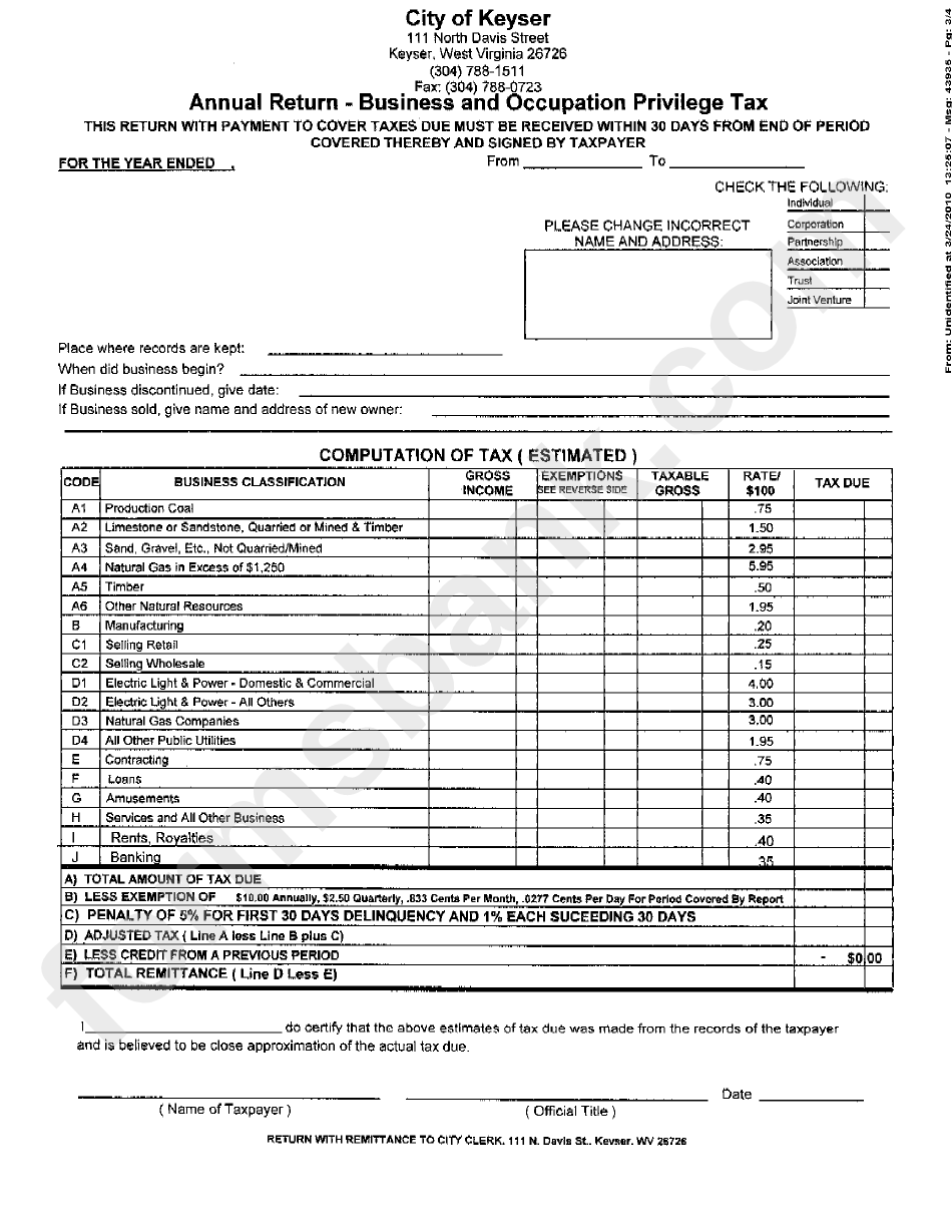 Annual Return Form Business And Occupation Privilege Tax printable