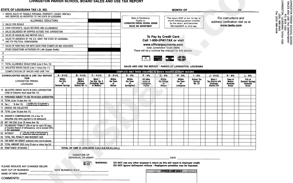 Sales And Use Tax Report Form Livingston Parish printable pdf download