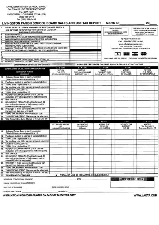 Sales And Use Tax Report Form Livingston Parish printable pdf download