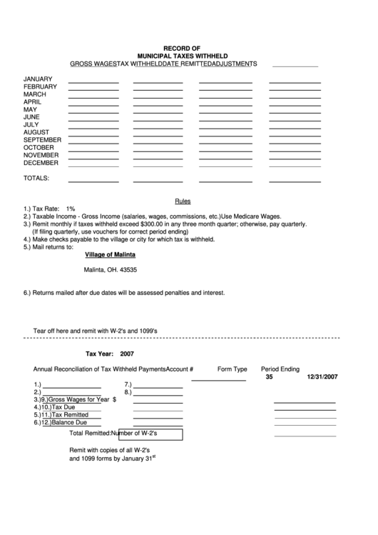 Record Of Municipal Taxes Withheld Village Of Malinta printable pdf