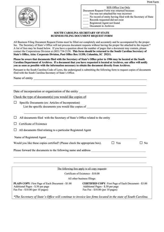 Fillable Business Filing Document Request Form South Carolina Secretary Of State printable pdf