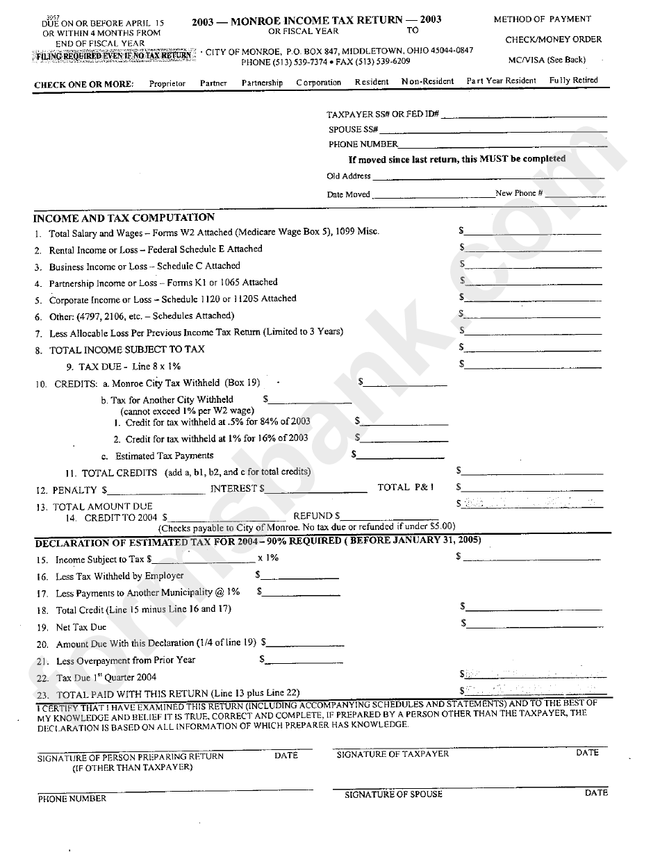 Tax Return Form City Of Monroe 2003 printable pdf download