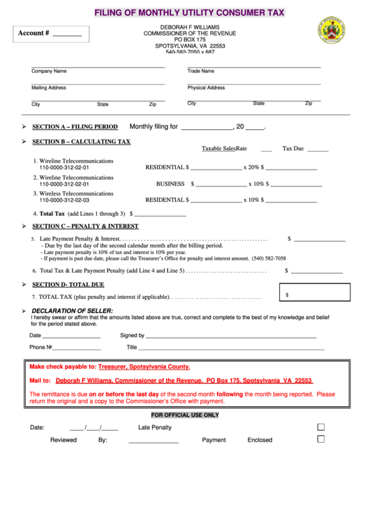 Filing Of Monthly Utility Consumer Tax Form County Of Spotsylvania