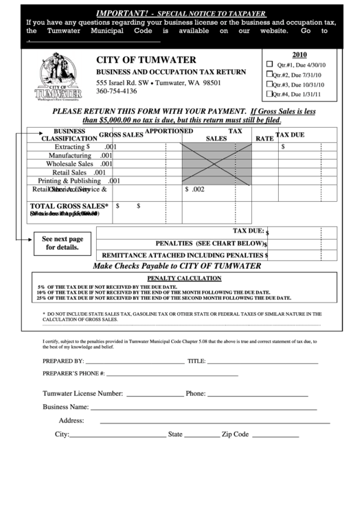 Business And Occupation Tax Return City Of Tumwater 2010 printable