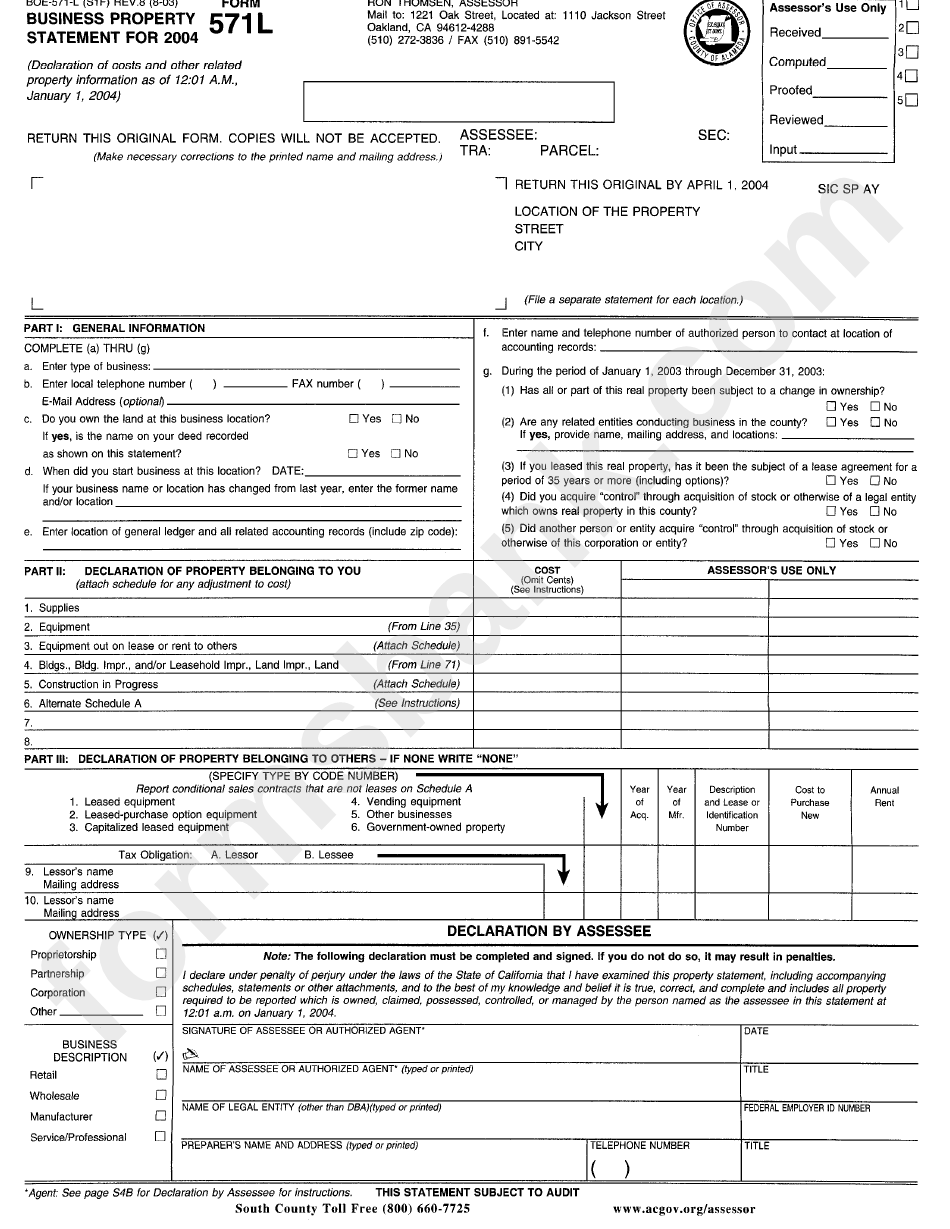 Form 571l Business Property Statement For 2004 California Board Of