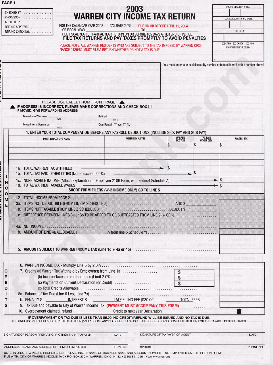 Warren City Tax Return Form 2003 Ohio printable pdf download