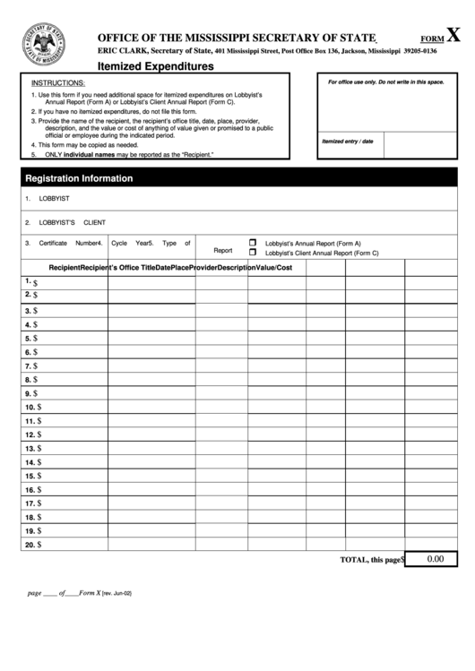 Fillable Form X Itemized Expenditures Mississippi Secretary Of