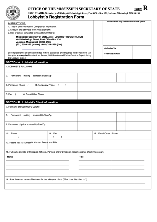 Fillable Form R Lobbyist'S Registration Form Office Of The