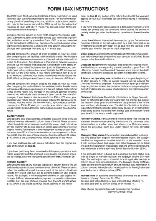 Form 104x Instructions Amended Colorado Tax Return 2003