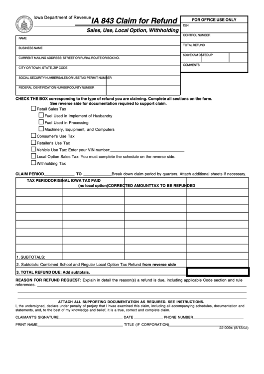 Fillable Form Ia 843 - Claim For Refund - 2002 printable pdf download