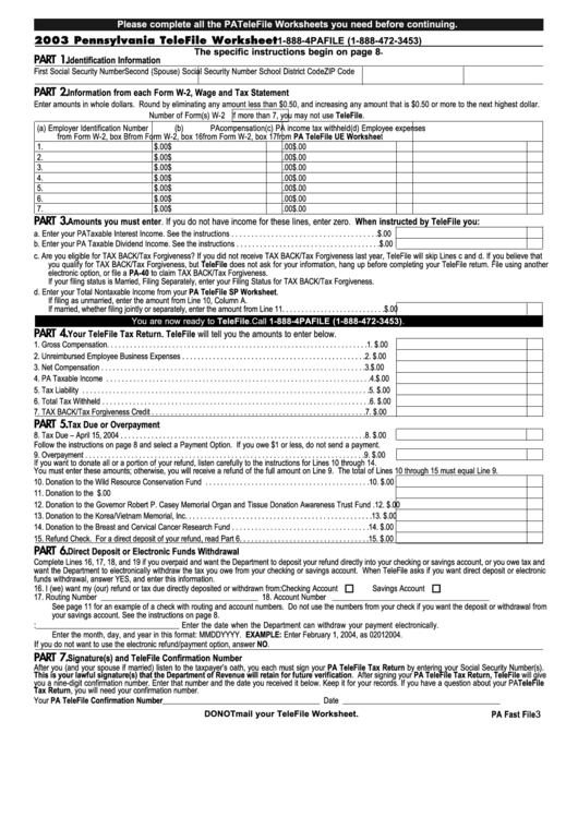 Form Pa40 Pennsylvania Telefile Worksheet 2003