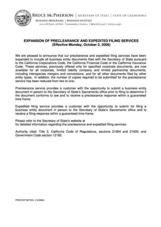 Instructions For Form Llc10 Expansion Of Preclearance And Expedited