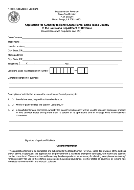 Fillable Form R1061L Application For Authority To Remit Lease/rental Sales Taxes Directly To
