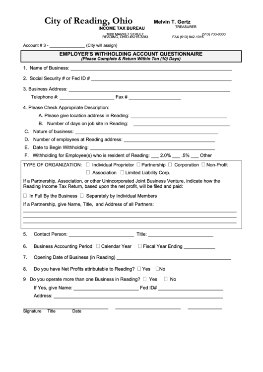 Employer'S Withholding Account Questionnaire Form Ohio Tax
