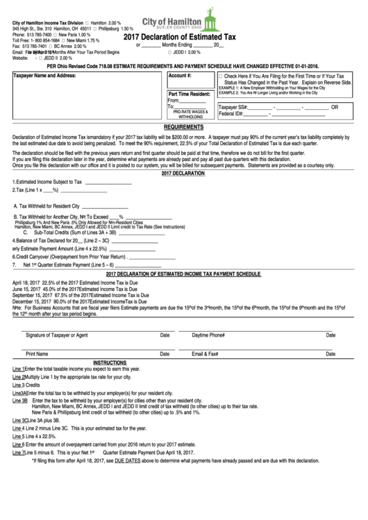 Declaration Of Estimated Tax City Of Hamilton 2017 printable pdf