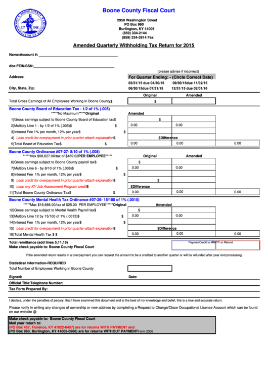 Fillable Form 2306 Amended Quarterly Withholding Tax Return 2015