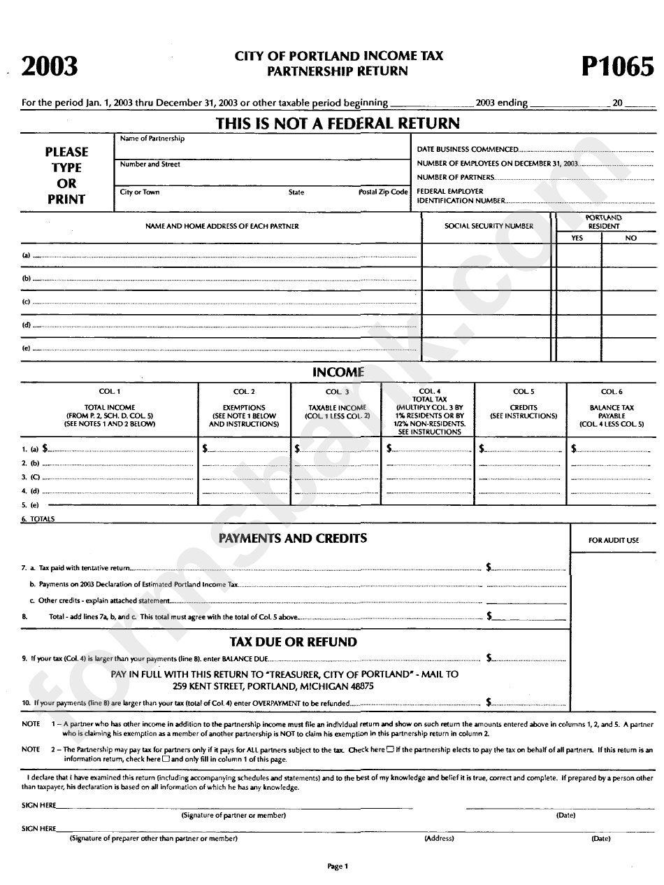 Form P1065 Tax Partnership Return City Of Portland, 2003