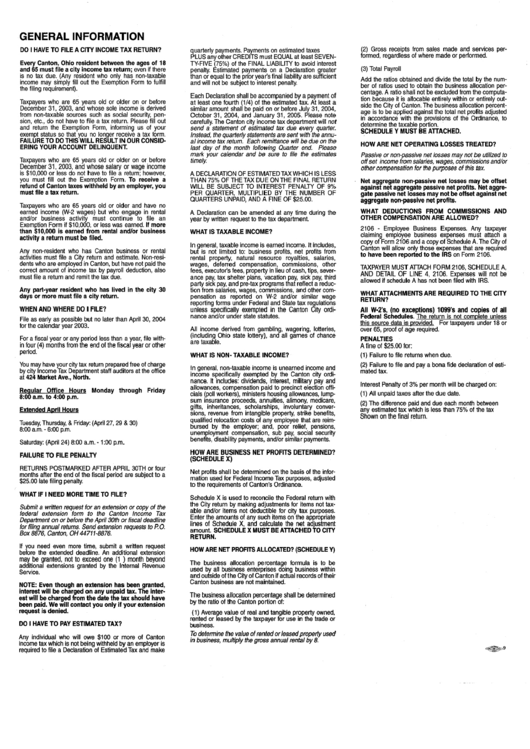 City Tax Return Instuctions Canton printable pdf download
