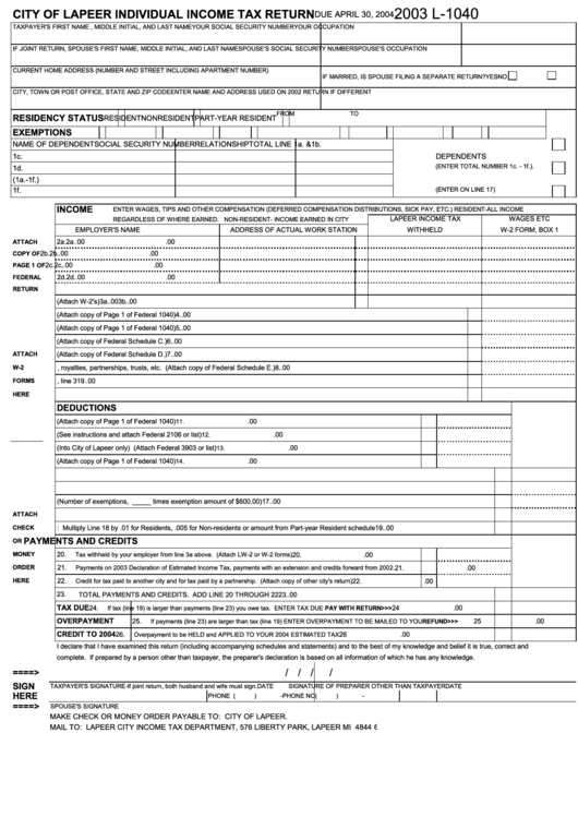 Form L1040 City Of Lapeer Individual Tax Return 2003