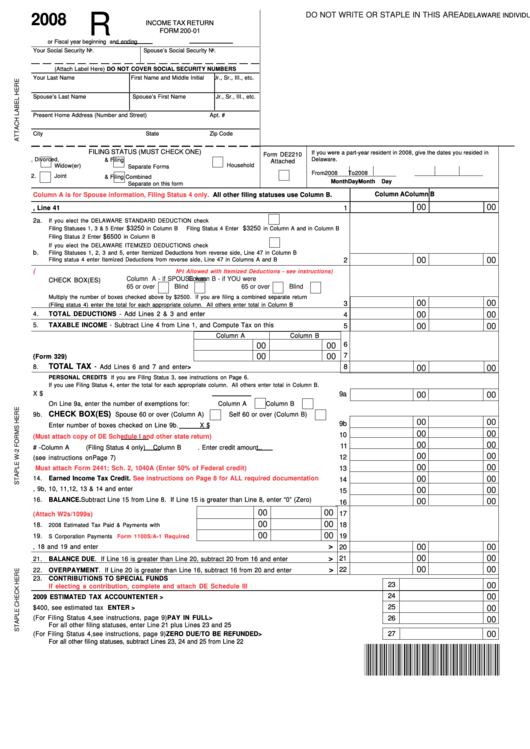 Fillable Form 20001 Delaware Individual Resident
