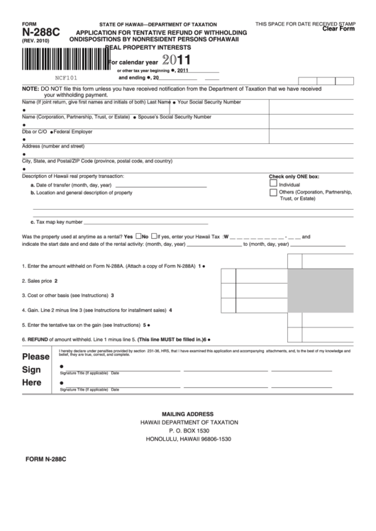 Fillable Form N288c Application For Tentative Refund Of Withholding On Dispositions By