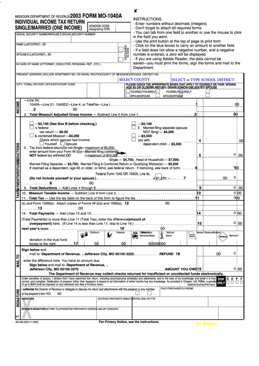 Fillable Form Mo1040a Individual Tax Return Single/married