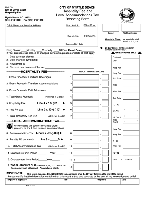 Hospitality Fee And Local Tax Reporting Form City Of