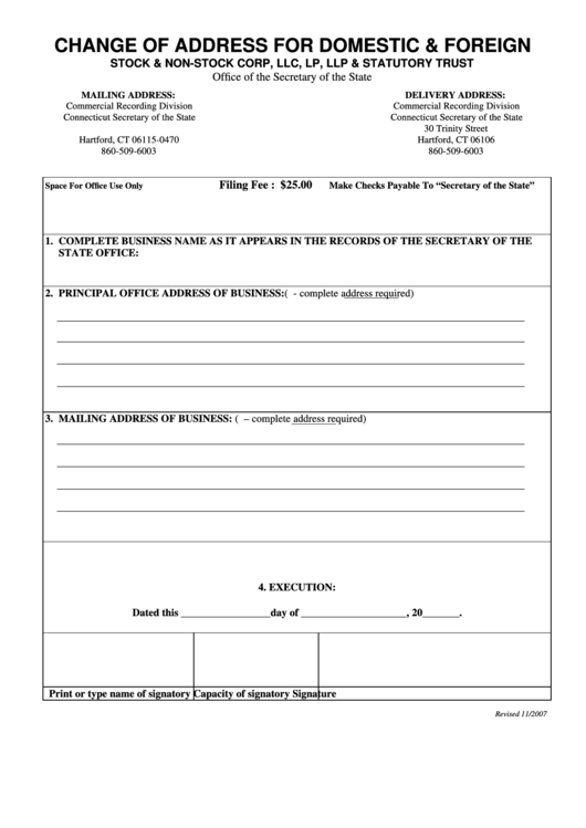 Change Of Address For Domestic & Foreign Stock & NonStock Corp, Llc