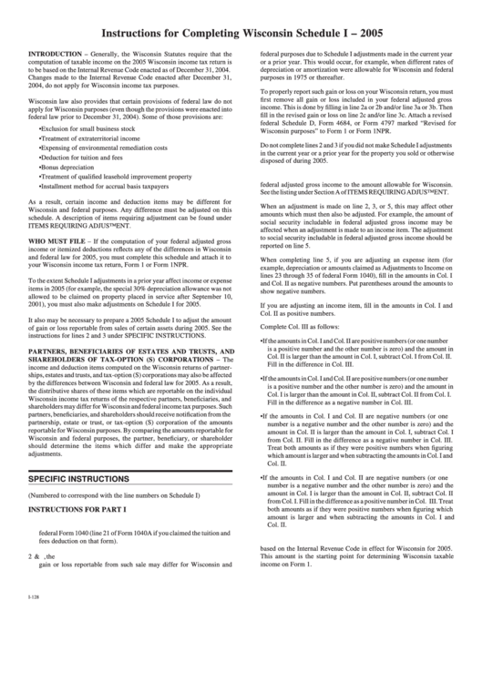 Instructions For Completing Wisconsin Schedule I 2005 printable pdf