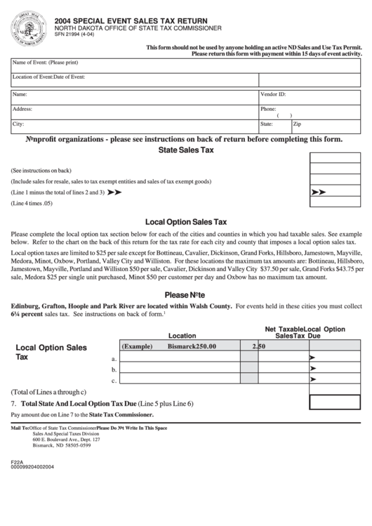 Fillable Form Sfn 21994 Special Event Sales Tax Return North Dakota Office Of State Tax